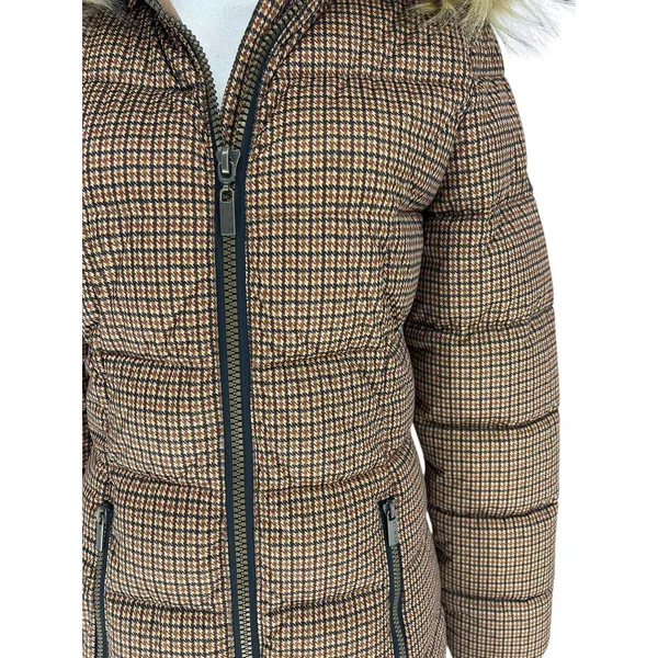 C-RO Denmark Houndstooth‎ 2-Way Stretch Puffer Coat with Faux Fur Hood Size 4 - Image 6
