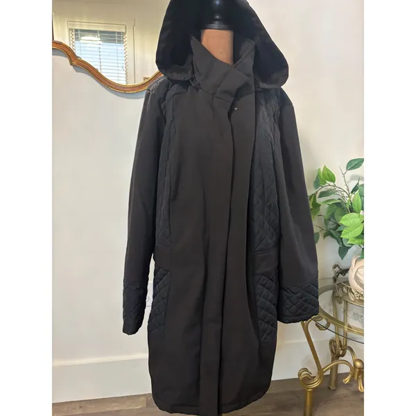 Liverpool Jeans Company Womens Black‎ Quilted Hooded Long Trench Coat Jacket - Image 3