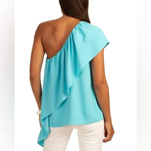 Trina Turk One Shoulder Ruffle Top Blue Asymmetrical Blouse M Resort Chic Spring - Image 2
