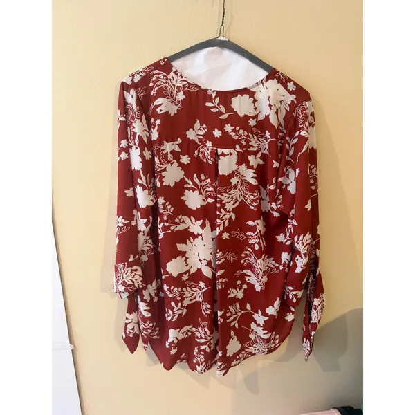 West K Floral Surplice Blouse Rust Red White Wrap Top Tie Sleeve Womens Large - Image 3