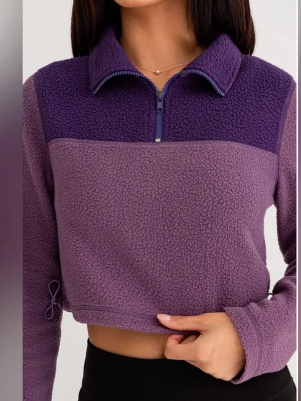 Le Lis Purple Colorblock Cropped Fleece Half Zip Pullover Medium NWT - Image 4