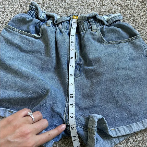 Plaid & Plain Elastic Waist High Rise Denim Jean Retro Rolled Shorts Medium - Image 7