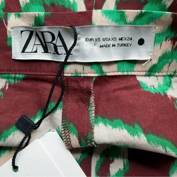 Zara Selena Printed Pants Womens XS Green Brown Wide Leg Cotton NWT - Image 7