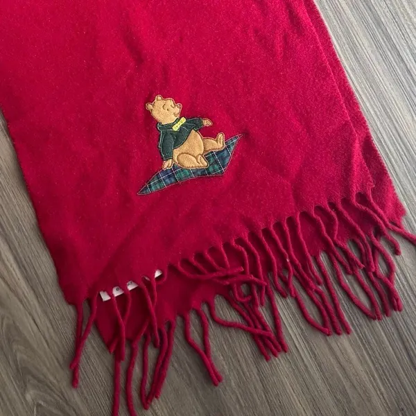 Vintage Donaldson Walt Disney Co. Winnie The Pooh Embroidered Wool Scarf Red - Image 3