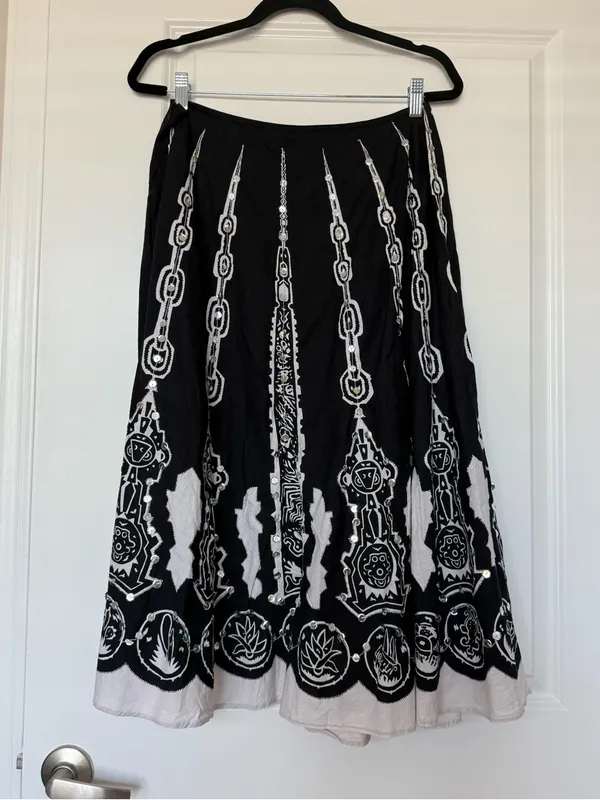 Papaya Y2K Black White Embroidered Sequin 100% Cotton Midi Skirt Size S - Image 2