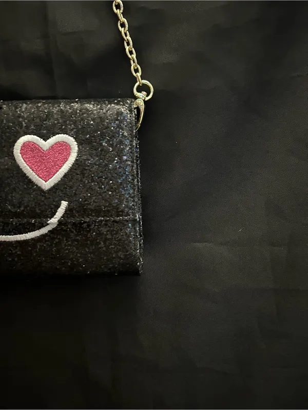 Betsey Johnson Black Glitter Heart-Eyes Crossbody Bag Striped Inside - Image 3