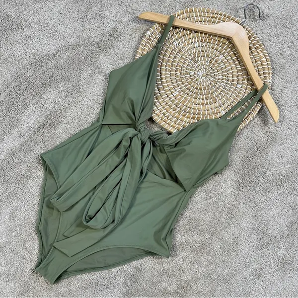 aerie Women’s Long Wrap Tie One Piece Full Coverage Swimsuit in Green L - Image 4