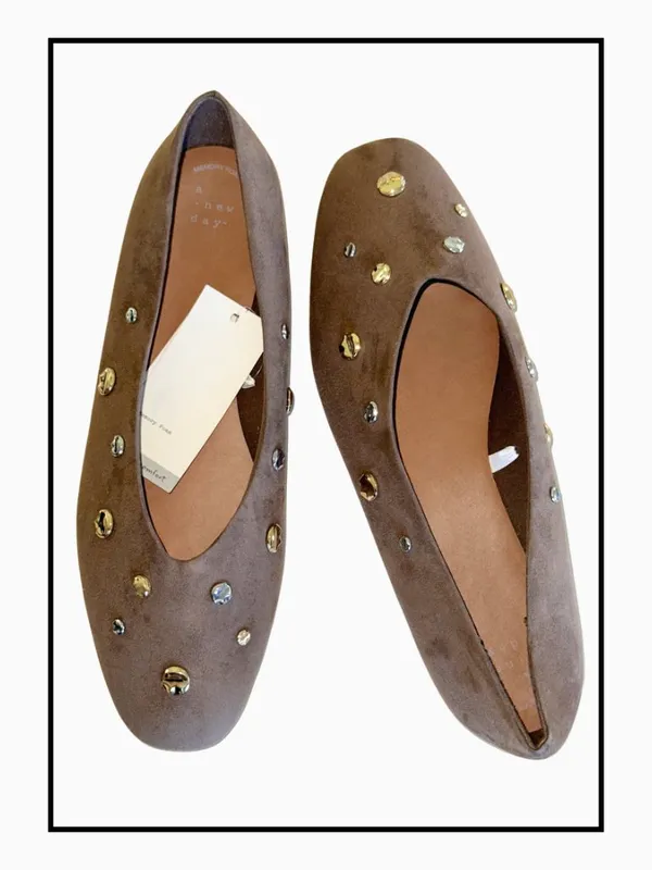 NEW A new day Suede Studded Ballet Flats In Rich Brown Taupe Almond Toe Size 12 - Image 6