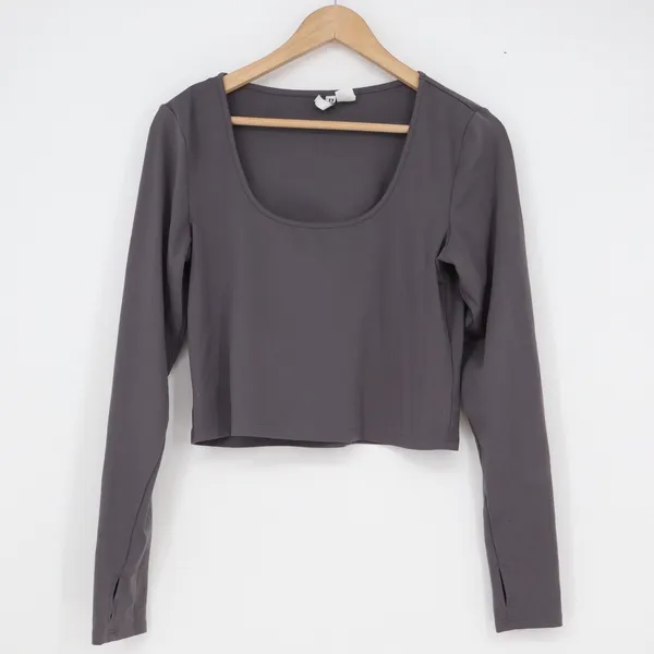 HM Divided Womens Charcoal Gray Scoop Neck Long Sleeve Crop Top Thumbholes L - Image 2