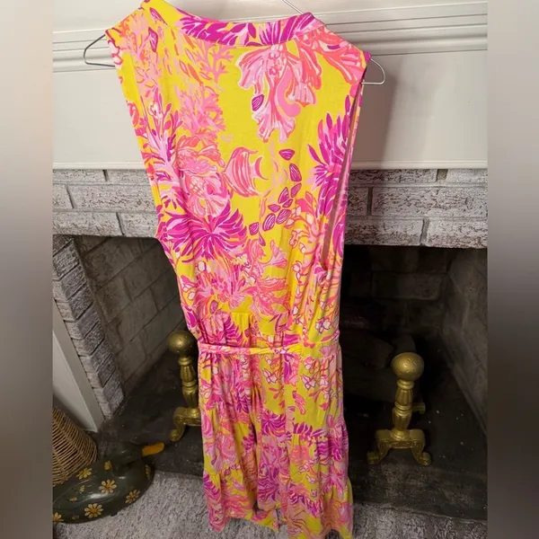 Lilly Pulitzer Folly Wrap Dress XL Calla Yellow Floral Coral Sleeveless Resort - Image 2