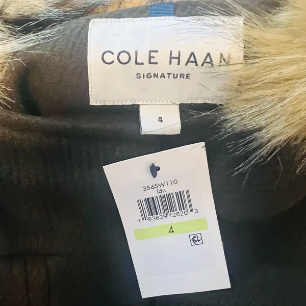 Cole‎ Haan Wool Blend Faux Fur Trim Hooded Coat, Brown, Size 4, NWT - Image 11