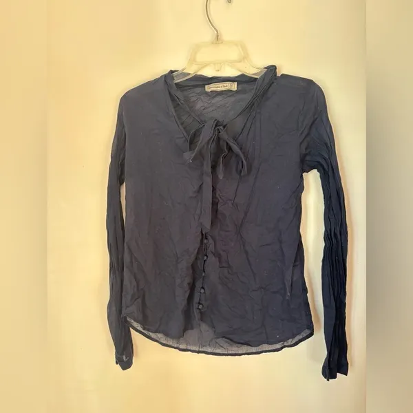 Abercrombie & Fitch Cotton Voile Bow Tie Button Down Top Medium Navy - Image 7