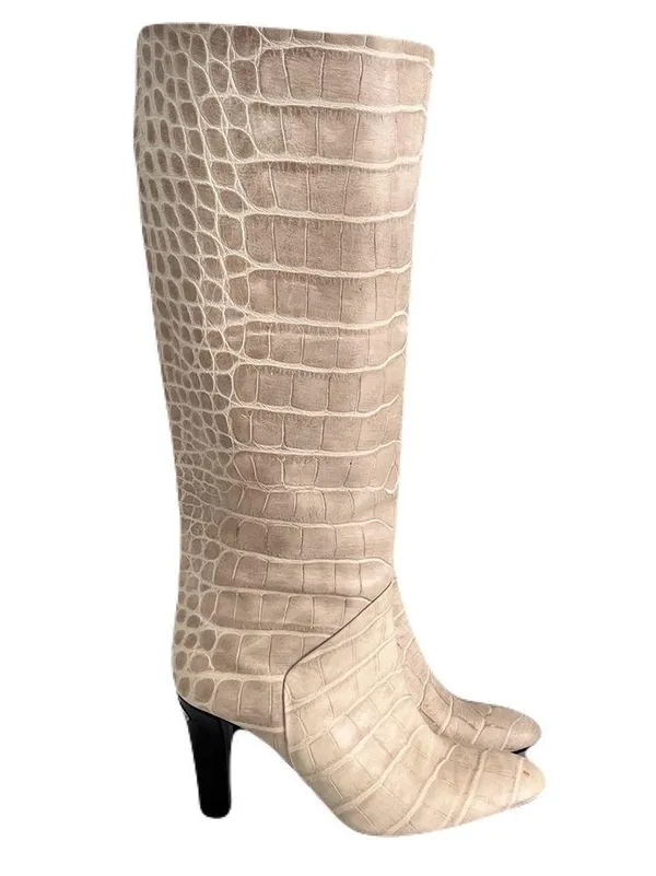 Karen Millen Ivory Croc Embossed Leather Heeled Knee High Boots, Size 38 - Image 2