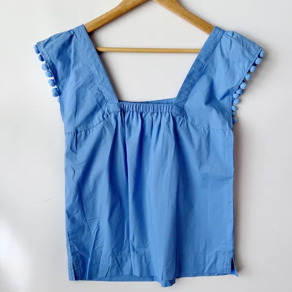 J.Crew‎ Blue Pom Pom Top Square Neck Sleeveless Blouse Size 00 - Image 6