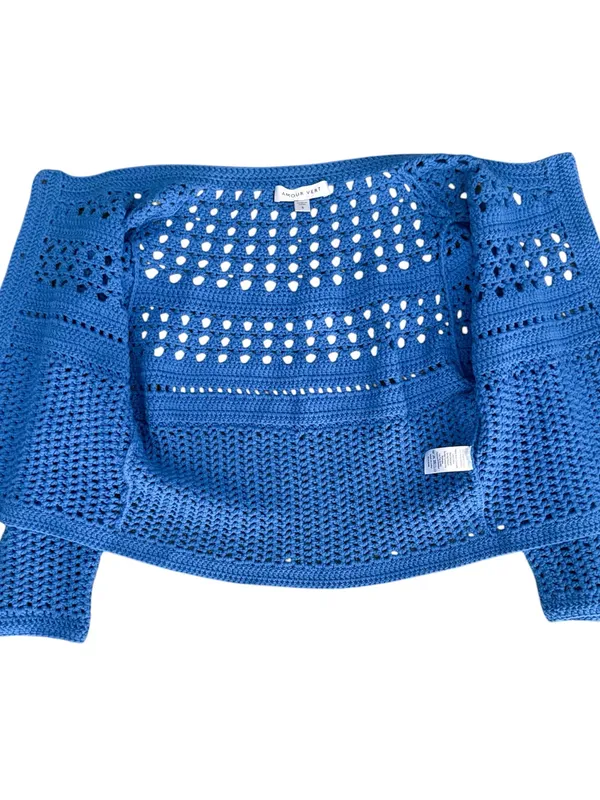 Amour Vert Blue Crochet Open Knit 3/4 Sleeve Cropped Cardigan Sweater Small - Image 7