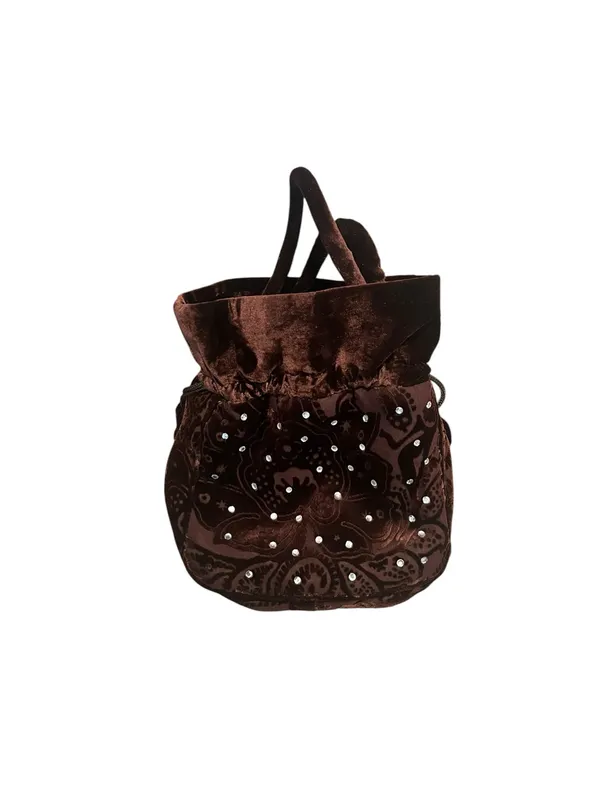 Rich Brown Velvet Drawstring Bucket Bag Ornate Tonal Paisley Rhinestones - Image 4