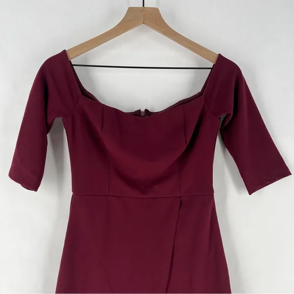 Lulus Burgundy Stretch Crepe‎ Off The Shoulder 3/4 Sleeve Faux Wrap Midi Dress - Image 2