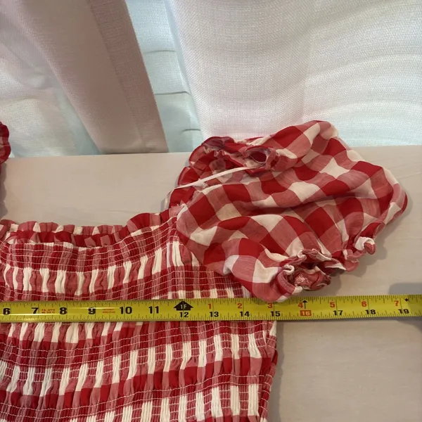 English Factory |Tuckernuck Gingham Puff Sleeve Tiered‎ Dress Medium Tomato Girl - Image 10