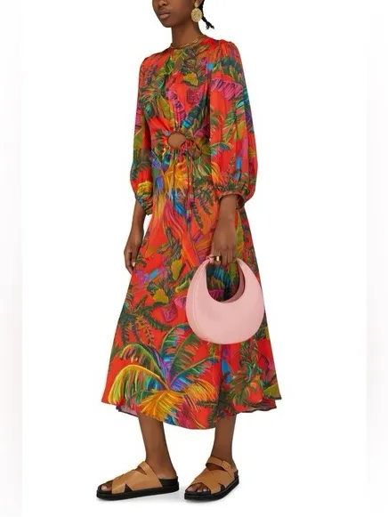 Farm Rio Urban Jungle Midi Dress Womens Small Orange Green Excellent Cutout - Image 2