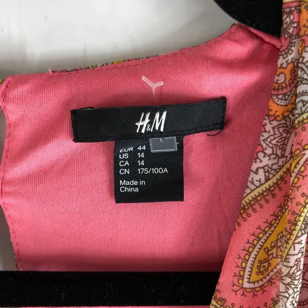 H&M Sleeveless Paisley Dress Pleated V-Neck Pink Orange Size 14 - Image 3