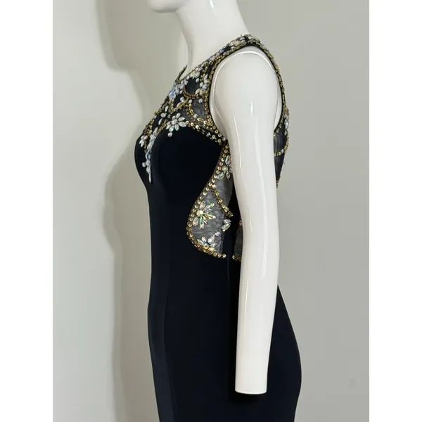 Betsy & Adam Maxi Dress Black Mesh Beaded Rhinestone Gown Sleeveless Crew Neck 2 - Image 4