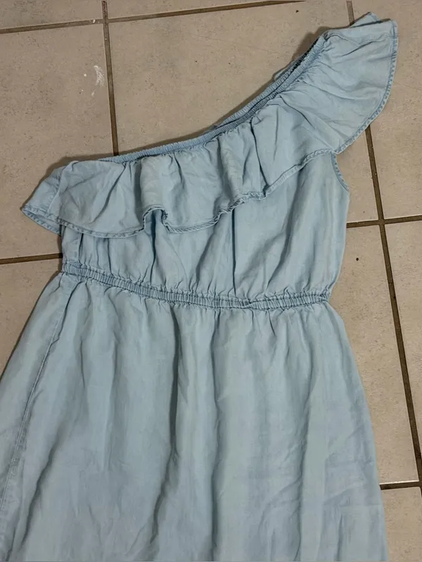Old Navy Women Chambray‎ Spring Light Blue One-Shoulder Ruffle Dress size S - Image 4