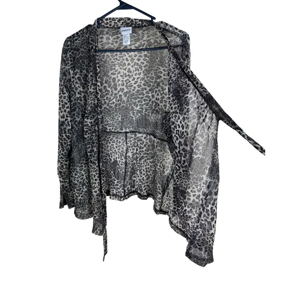 Chico's Metallic Leopard Print Sheer Mesh Tie Front Cardigan Gray Black Size XL - Image 4