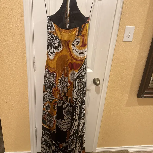 MARY L COUTURE Beads Halter print Dress Sz 10 Yellow Multi 100% SILK - Image 10