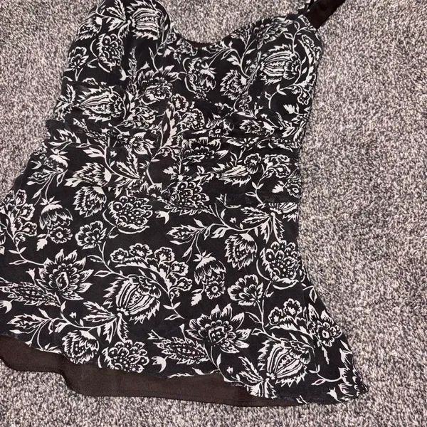 Ann Taylor Floral Ruffle Strap Tank Top Brown White Cinched Waist Boho Size 8 - Image 7