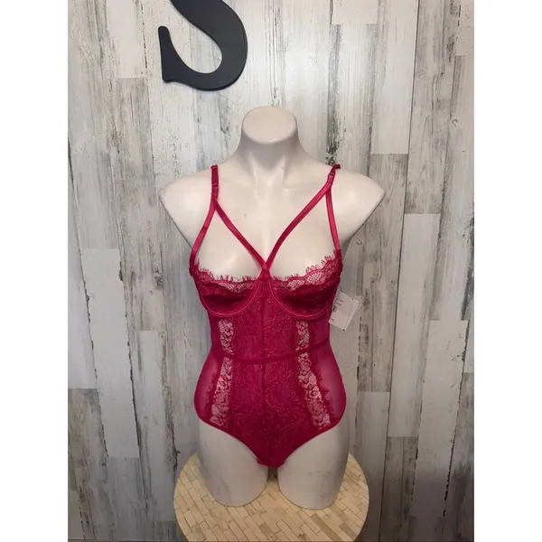 Hot Pink Lace Mesh Bodysuit Teddy Lingerie Size Small - Image 2