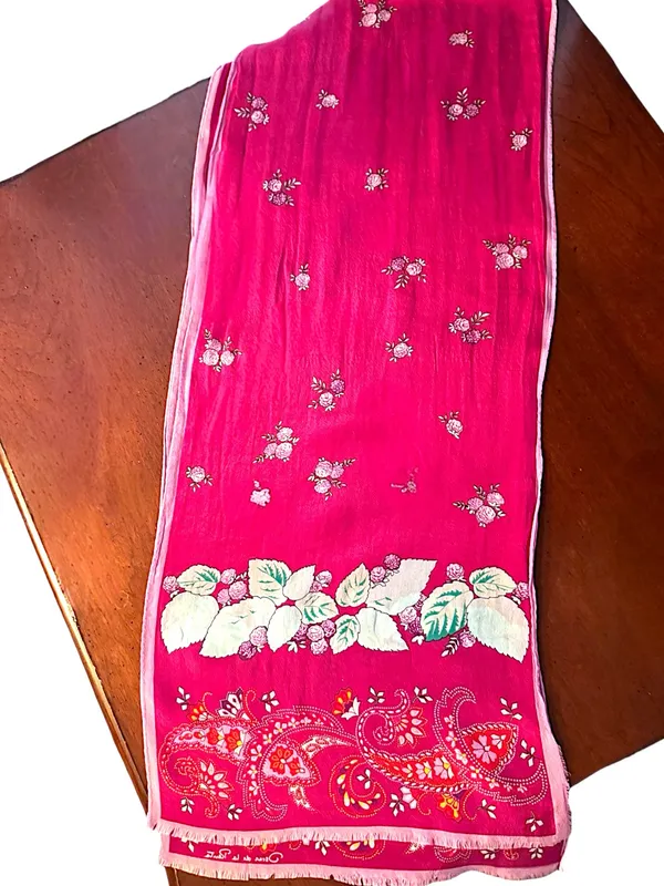 Oscar de la Renta 80’s Silk Raspberry Pink Botanical & Paisley Oblong Scarf - Image 3