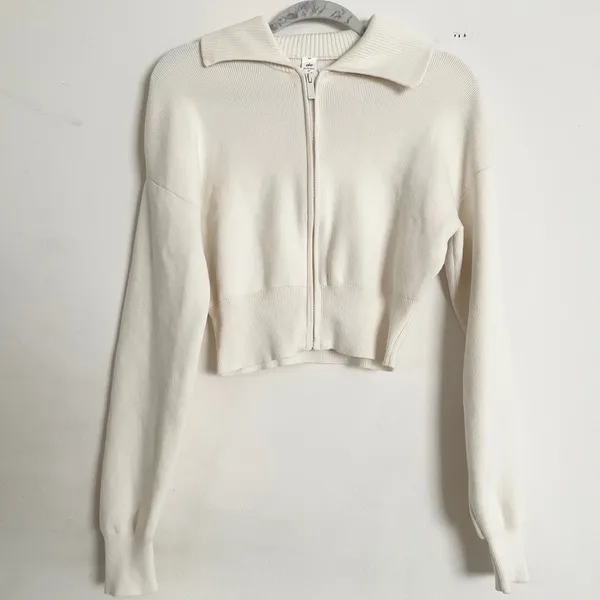 Alo Yoga Scholar Knit Cropped Full Zip Jacket Ivory XS - Image 2