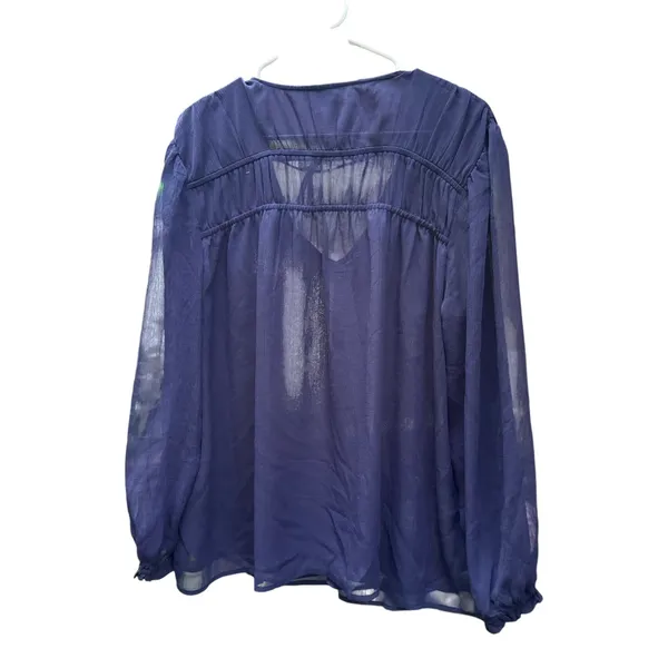 Navy Sheer Chiffon Peasant Blouse Tie‎ Front Long Sleeve Boho Y2K Romantic - Image 3