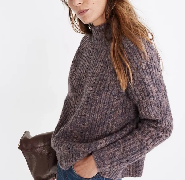 Madewell Pointelle Mock Neck Chunky Knit Sweater Purple Oversized XS Wool - Image 3