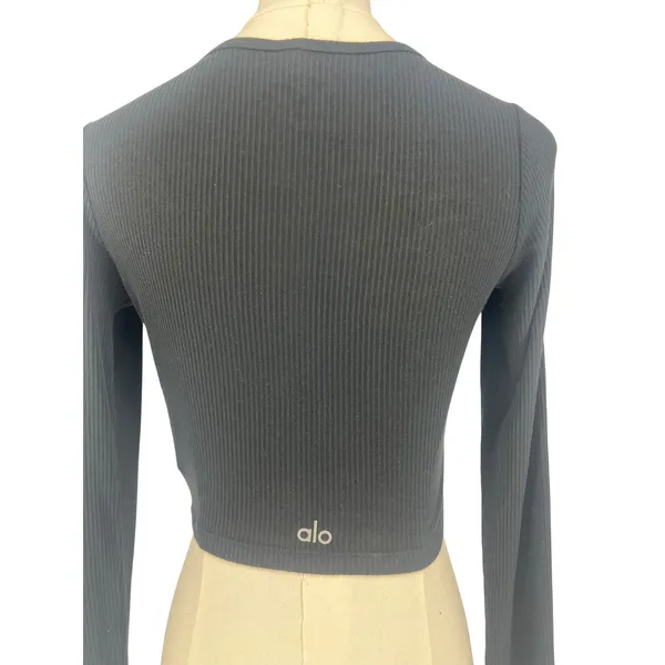 Alo Yoga Ribbed Cropped Whisper Cardigan Black Button Front XS - Image 12