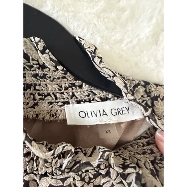 Olivia Grey Floral Smocked High Neck Mini Dress Tan Black Sleeveless‎ XS - Image 4
