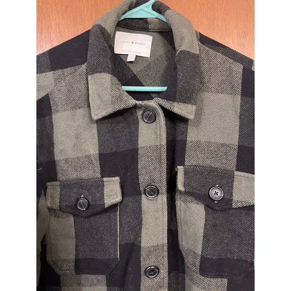 Lucky Brand Oversized Plaid Flannel Shirt Jacket Shacket Green Black L - Image 3