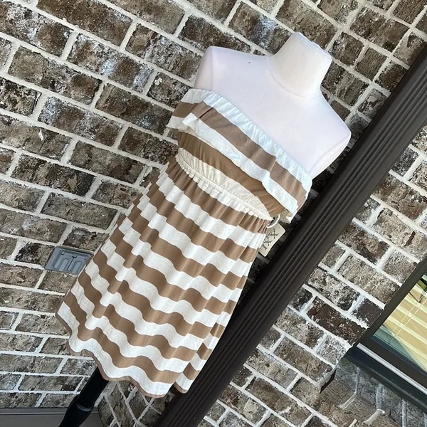 Forever 21 Strapless Oatmeal Taupe Striped Mini Dress Knit Beach Coverup Womens Small - Image 10