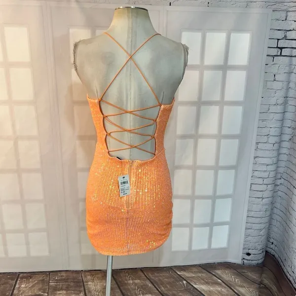 Windsor NWT Dazzle Down Sequin Lace-Up Mini Dress in peach size medium - Image 9