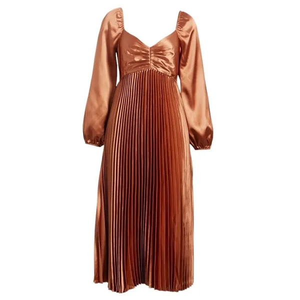 ZOE AND CLAIRE Long Sleeve Pleated Midi Dress in Sienna - Image 3