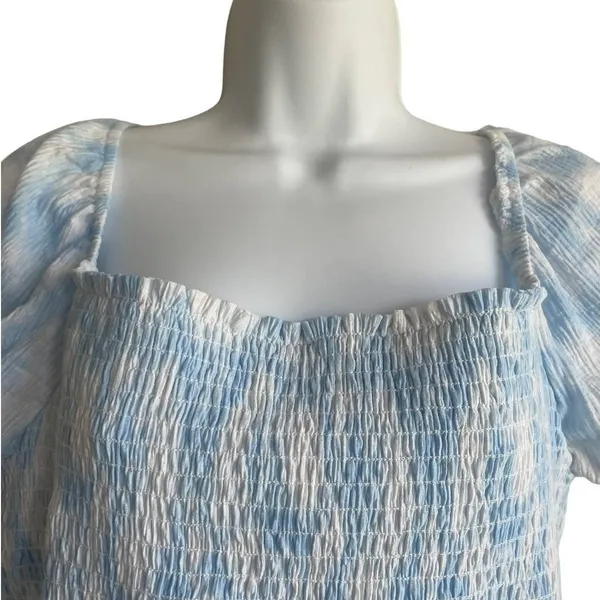 Lush Clothing Smocked Babydoll Top XL Blue White‎ Milkmaid Puff Sleeve Cottagecore - Image 3