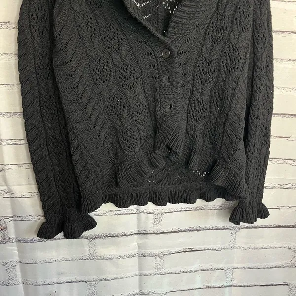 Vintage Lauren Ralph Lauren Black Cotton Puff-Sleeve Button Front Cardigan M Y2K - Image 4