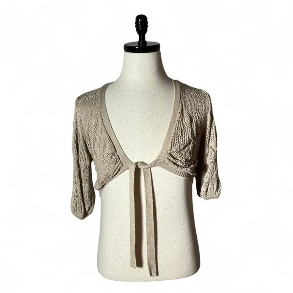 Grass Collection Beige Pointelle Knit Cropped Tie Front Shrug Cardigan M‎ - Image 6