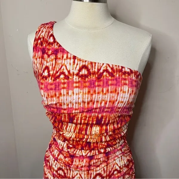 MISCREANTS One-Shoulder Ruched‎ Mini Bodycon Dress Orange Tie-Dye UK 8 / US 4 - Image 4