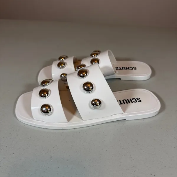 Schutz Lizzie Slide Sandals Womens 6 White Two Band Jelly Design Silver Studs - Image 3