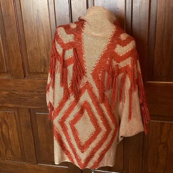 Free People Boho Diamond Fringe Kimono Cardigan Cacoon Knit Sweater Red One Size - Image 11