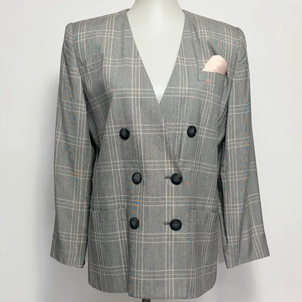 Vintage Worthington Blazer 10P Grey Plaid Double Breasted Collarless V-Neck 90s - Image 2