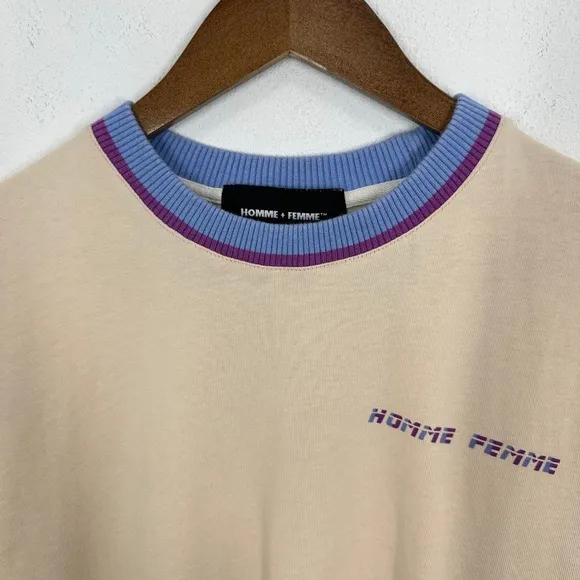 HOMME FEMME Small Beige Logo T-Shirt Ribbed‎ Collar Retro Streetwear Knit Tee - Image 2