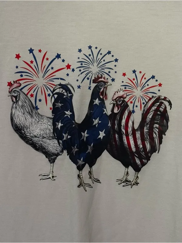 Patriotic Chicken T Shirt Women’s Large White Red White And Blue Fireworks Flag - Image 2