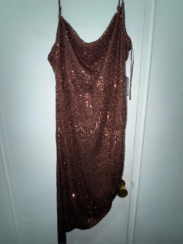 NWT Express Sequin Slip Ruched Dress in Chocolate Brown Size Medium - Image 2